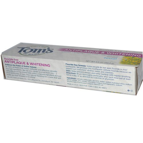 Tom's of Maine, Natural Antiplaque & Whitening Toothpaste, Fluoride-Free, Fennel, 5.5 oz (155.9 g) فوائد