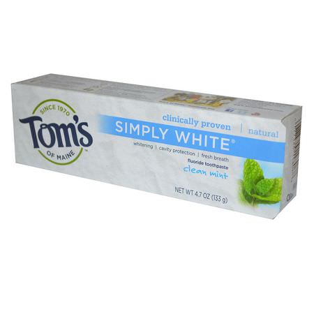 Tom's of Maine, Simply White, Fluoride Toothpaste, Clean Mint, 4.7 oz (133 g):التبييض, معج,ن الأسنان