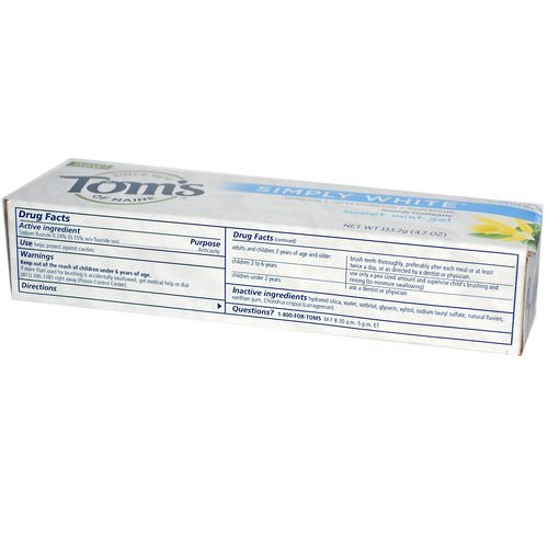 Tom's of Maine, Simply White, Fluoride Toothpaste, Sweet Mint Gel, 4.7 oz (133.2 g) فوائد