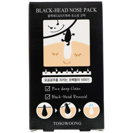 Tosowoong, Black-Head Nose Pack, 8 Sheets:أقنعة العيب, حب الشباب