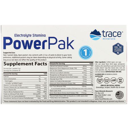Trace Minerals Research, Electrolyte Stamina, PowerPak, Pomegranate Blueberry, 1200 mg, 30 Packets, 0.18 oz (5 g) Each:المنحلات بالكهرباء, الترطيب