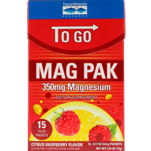 Trace Minerals Research, Mag Pak To Go, Magnesium Powder, Citrus Raspberry Flavor, 350 mg, 15 Packets, 0.17 oz (4.8 g) Each فوائد