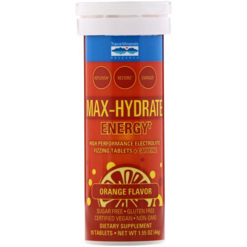 Trace Minerals Research, Max-Hydrate Energy, High Performance Electrolyte Fizzing Tablets, Orange, 1.55 oz (44 g) فوائد