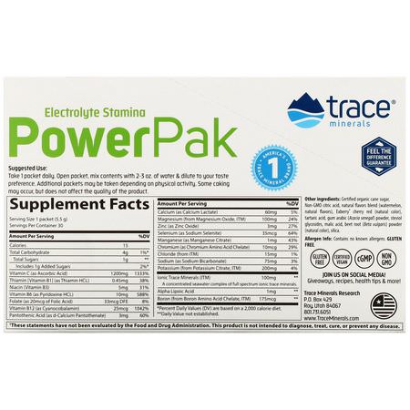 Trace Minerals Research, Electrolyte Stamina, Power Pak, Watermelon Effervescent, 30 Packets, 0.19 oz (5.5 g) Each:فيتامين C, الفيتامينات