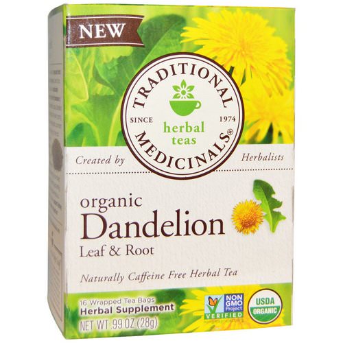 Traditional Medicinals, Herbal Teas, Organic Dandelion Leaf & Root Tea, Naturally Caffeine Free, 16 Wrapped Tea Bags, .99 oz (28 g) فوائد
