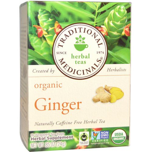 Traditional Medicinals, Herbal Teas, Organic Ginger, Naturally Caffeine Free, 16 Wrapped Tea Bags, .85 oz (24 g) Each فوائد