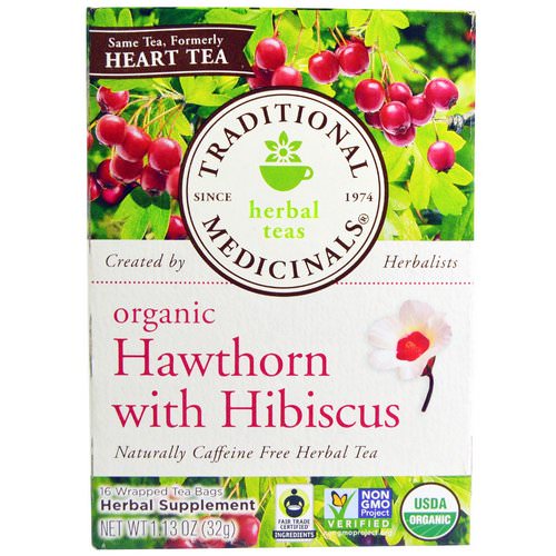 Traditional Medicinals, Herbal Teas, Organic Hawthorn with Hibiscus, Naturally Caffeine Free Herbal Tea, 16 Wrapped Tea Bags, 1.13 oz (32 g) فوائد