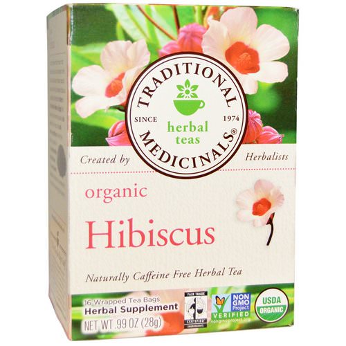 Traditional Medicinals, Herbal Teas, Organic Hibiscus, Naturally Caffeine Free, 16 Wrapped Tea Bags, .99 oz (28 g) فوائد