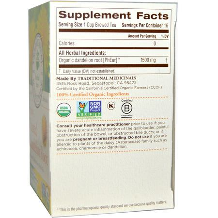 Traditional Medicinals, Herbal Teas, Organic Roasted Dandelion Root, Naturally Caffeine Free, 16 Wrapped Tea Bags, .85 oz (24 g):شاي الهندباء, الشاي الطبي