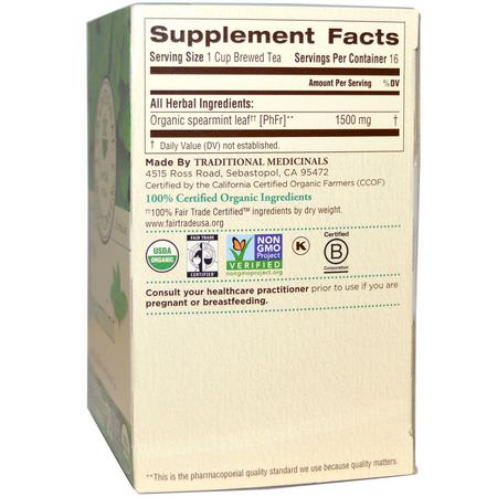 Traditional Medicinals, Herbal Teas, Organic Spearmint, Naturally Caffeine Free, 16 Wrapped Tea Bags, .85 oz (24 g):شاي الأعشاب, الشاي الطبي