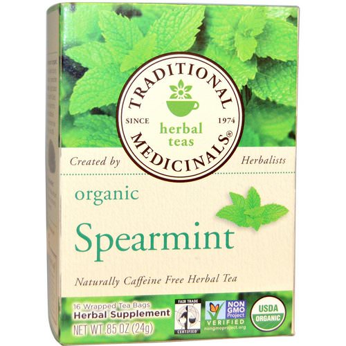 Traditional Medicinals, Herbal Teas, Organic Spearmint, Naturally Caffeine Free, 16 Wrapped Tea Bags, .85 oz (24 g) فوائد
