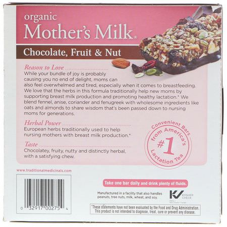 Traditional Medicinals, Mother's Milk, Chocolate, Fruit, & Nut, 6 Individually Wrapped Bars, 7.2 oz (204 g):أشرطة ال,جبات الخفيفة, دعم الرضاعة