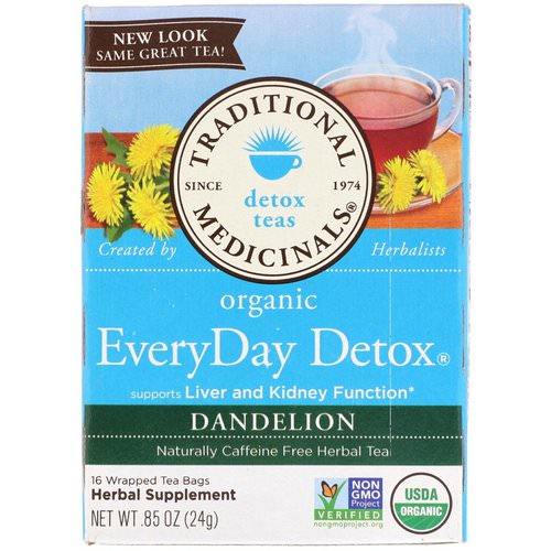 Traditional Medicinals, Organic EveryDay Detox Tea, Dandelion, Caffeine Free, 16 Wrapped Tea Bags, .85 (24 g) فوائد