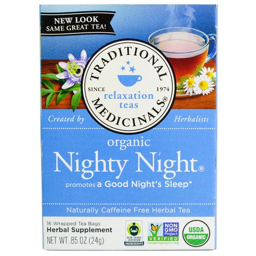 Traditional Medicinals, Relaxation Teas, Organic Nighty Night, Naturally Caffeine Free Herbal Tea, 16 Wrapped Tea Bags, .85 oz (24 g) فوائد