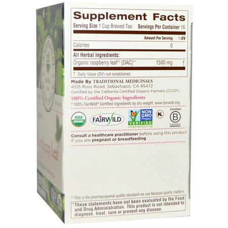 Traditional Medicinals, Relaxation Teas, Organic Raspberry Leaf, Naturally Caffeine Free, 16 Wrapped Tea Bags, .85 oz (24 g):شاي الأعشاب, الشاي الطبي