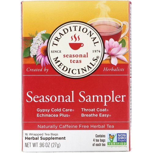 Traditional Medicinals, Seasonal Teas, Seasonal Sampler, Naturally Caffeine Free, 16 Wrapped Tea Bags, .96 oz (27 g) فوائد