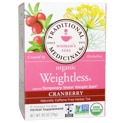 Traditional Medicinals, Women's Teas, Organic Weightless, Naturally Caffeine Free Herbal Tea, Cranberry, 16 Wrapped Tea Bags, .85 oz (24 g) فوائد