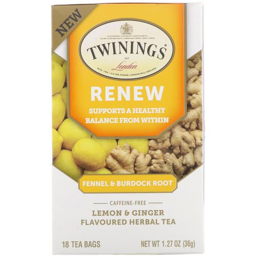 Twinings, Renew Herbal Tea, Fennel & Burdock Root, Lemon & Ginger, Caffeine Free, 18 Tea Bags, 1.27 oz (36 g) فوائد