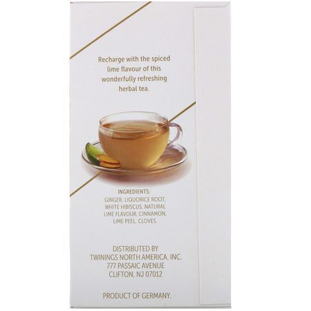 Twinings, Support Herbal Tea, White Hibiscus, Lime & Ginger, Caffeine Free, 18 Tea Bags, 0.95 oz (27 g):شاي الزنجبيل, شاي الأعشاب