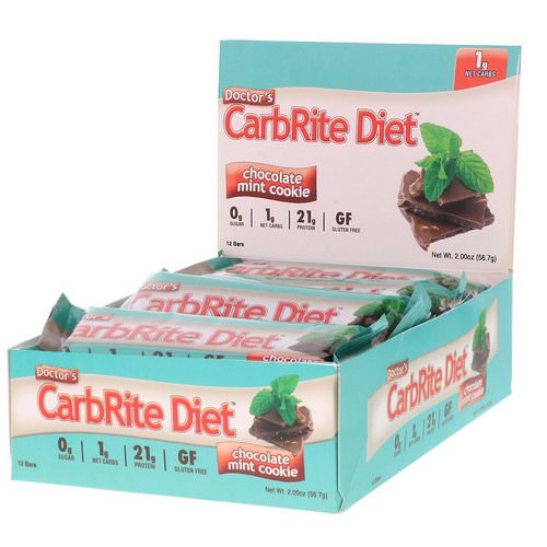 Universal Nutrition, Doctor's CarbRite Diet, Sugar Free Bar, Chocolate Mint Cookie, 12 Bars, 2.00 oz (56.7 g) Each فوائد
