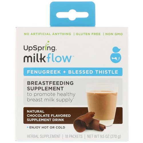 UpSpring, Milkflow, Fenugreek + Blessed Thistle Supplement Drink, Natural Chocolate Flavor, 18 Packets, (15 g) Each فوائد