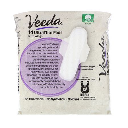 Veeda, Natural Cotton Pads with Wings, Ultra Thin, 14 Pads:,سادات يمكن التخلص منها,سادات أنث,ية