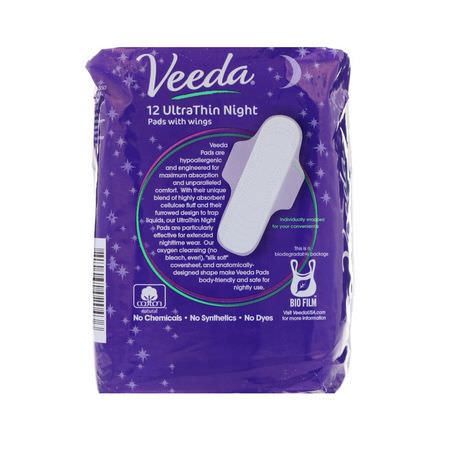 Veeda, Natural Cotton Pads with Wings, Ultra Thin, Night, 12 Pads:,سادات يمكن التخلص منها,سادات أنث,ية