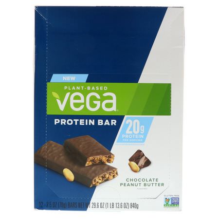 Vega, Protein Bar, Chocolate Peanut Butter, 12 Bars, 2.5 oz (70 g) Each:أشرطة البر,تين النباتي, أشرطة البر,تين