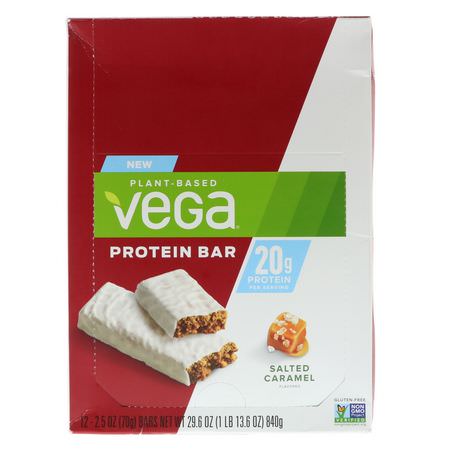 Vega, Protein Bar, Salted Caramel, 12 Bars, 2.5 oz (70 g) Each:أشرطة البر,تين النباتي, أشرطة البر,تين