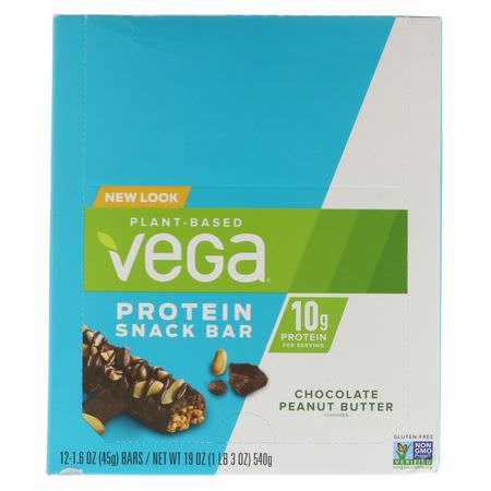 Vega, Snack Bar, Chocolate Peanut Butter, 12 Bars, 1.6 oz (45 g) Each:أشرطة ال,جبات الخفيفة, أشرطة البر,تين النباتي