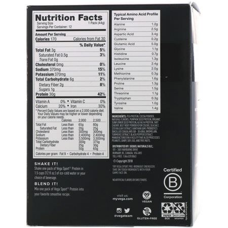 Vega, Protein, Chocolate, 12 Pack, 1.6 oz (44 g) Each:البر,تين النباتي ,