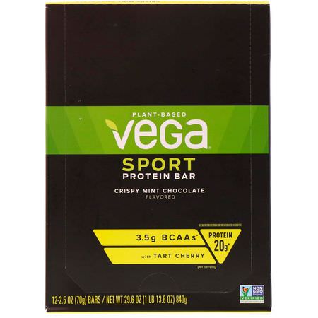 Vega, Sport, Protein Bar, Crispy Mint Chocolate, 12 Bars, 2.5 oz (70 g) Each:أشرطة البر,تين النباتي, أشرطة البر,تين