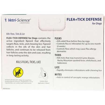Vetri-Science, Flea + Tick Defense for Dogs 45-88 lbs, 3 Applicators, 0.091 fl oz Each:Tick Defense, Flea
