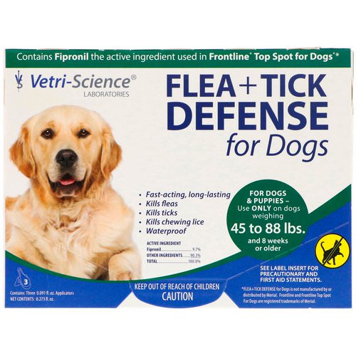 Vetri-Science, Flea + Tick Defense for Dogs 45-88 lbs, 3 Applicators, 0.091 fl oz Each فوائد