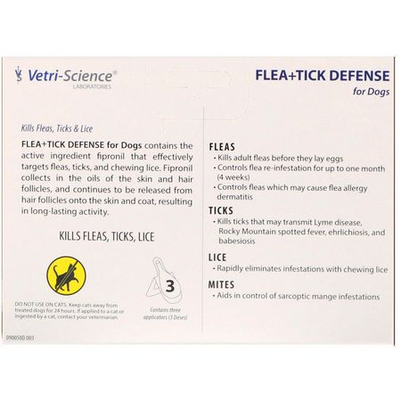Vetri-Science, Flea + Tick Defense for Dogs 89-132 lbs, 3 Applicators, 0.136 fl oz Each:Tick Defense, Flea