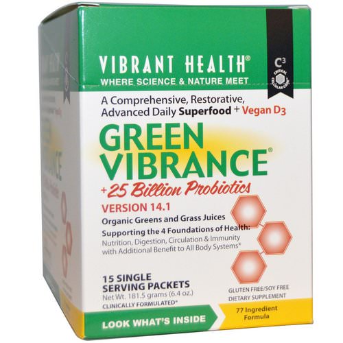 Vibrant Health, Green Vibrance +25 Billion Probiotics, Version 14.1, 15 Packets, 6.4 oz (181.5 g) فوائد