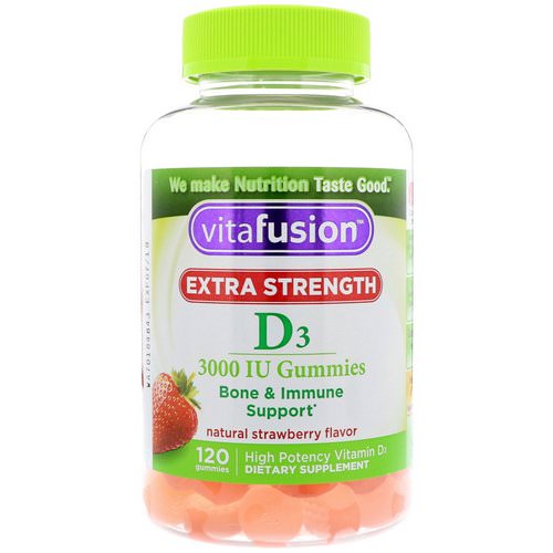 VitaFusion, Extra Strength D3, Bone & Immune Support, Natural Strawberry Flavor, 3000 IU, 120 Gummies فوائد