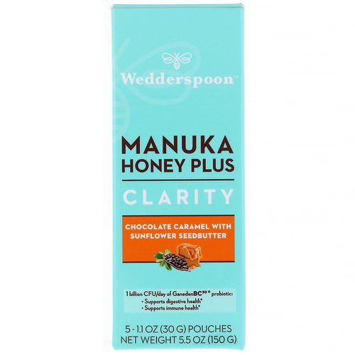 Wedderspoon, Manuka Honey Plus, Clarity, Chocolate Caramel with Sunflower Seedbutter, 5 Pouches, 1.1 oz (30 g) Each فوائد