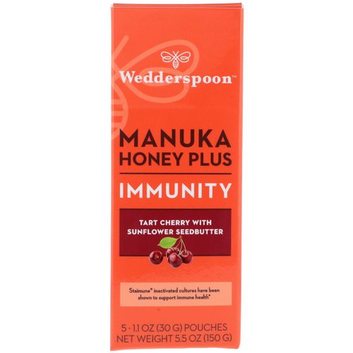 Wedderspoon, Manuka Honey Plus, Immunity, Tart Cherry with Sunflower Seedbutter, 5 Pouches, 1.1 oz (30 g) Each فوائد