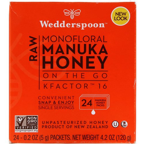 Wedderspoon, Raw Monofloral Manuka Honey, On the Go, KFactor 16, 24 Packs, 0.2 oz (5 g) Each فوائد