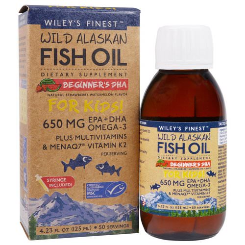 Wiley's Finest, Wild Alaskan Fish Oil, For Kids! Beginner's DHA, Natural Strawberry Watermelon Flavor, 650 mg, 4.23 fl oz (125 ml) فوائد