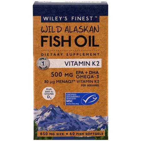 Wiley's Finest, Wild Alaskan Fish Oil, Vitamin K2, 60 Fish Oil Softgels:زيت السمك أوميغا 3, EPA DHA