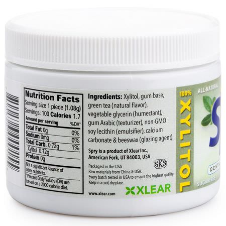 Xlear, Spry, Chewing Gum, Green Tea, Sugar-Free, 100 Count, (108 g):علكة, معينات