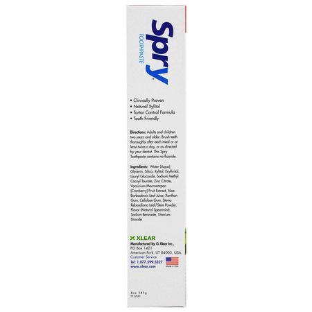 Xlear, Spry Toothpaste, Anti-Plaque Tartar Control, Fluoride Free, Natural Spearmint, 5 oz (141 g):الفلورايد مجانا, Toothpaste