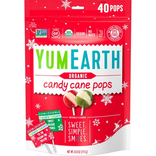 YumEarth, Organic, Candy Cane Pops, Wild Peppermint, 40 Pops, 8.73 oz (247.6 g) فوائد