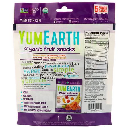 YumEarth, Organic Fruit Snacks, 5 Packs, 0.7 oz (19.8 g) Each:حل,ى, ش,ك,لاتة