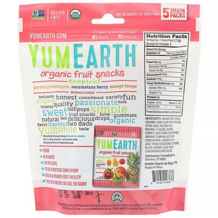 YumEarth, Organic Fruit Snacks, Tropical, 5 Packs, 0.62 oz (17.6 g) Each:الخضر,ات الخفيفة, الفاكهة