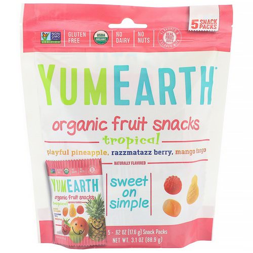 YumEarth, Organic Fruit Snacks, Tropical, 5 Packs, 0.62 oz (17.6 g) Each فوائد