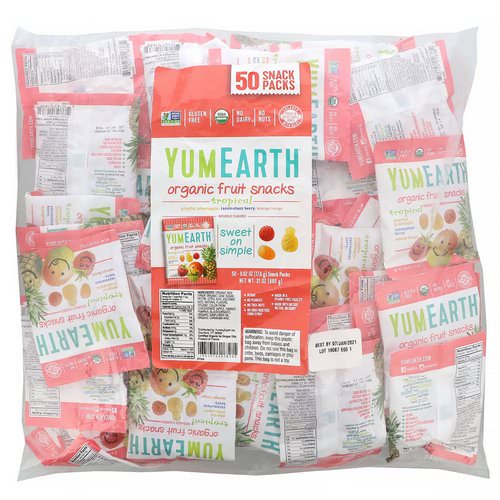 YumEarth, Organic Fruit Snacks, Tropical, 50 Packs, 0.62 oz (17.6 g) Each فوائد