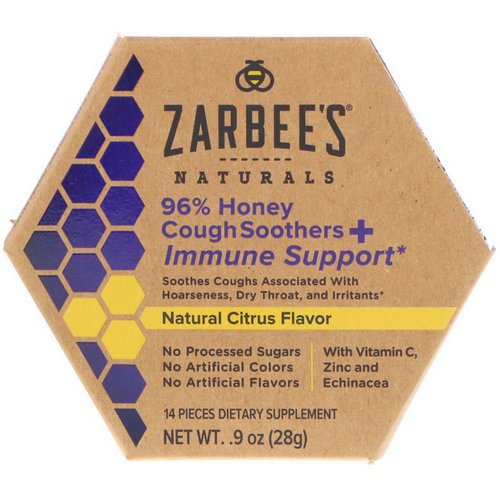 Zarbee's, 96% Honey Cough Soothers + Immune Support, Natural Citrus Flavor, 14 Pieces فوائد